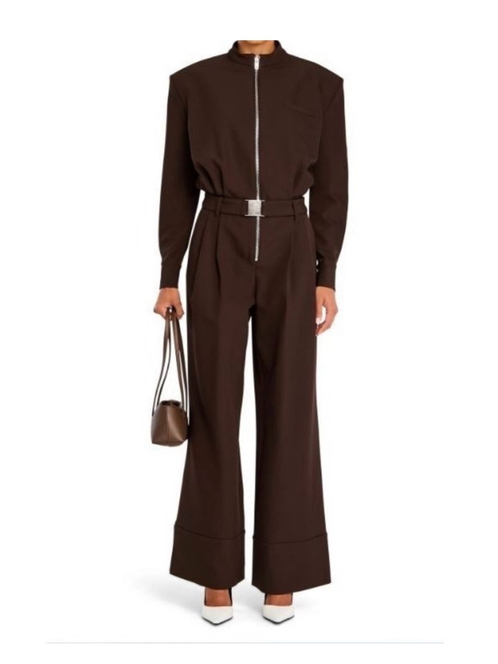 SER.O.YA Dark Brown High-Waist Wide-Leg Jumpsuit with Belt